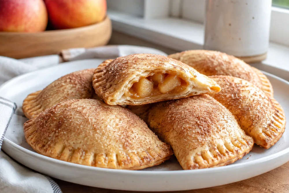 Golden apple hand pies dusted with cinnamon sugar.