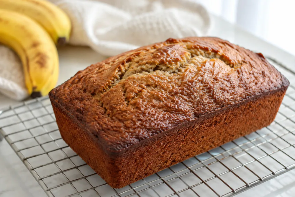 A small banana bread loaf cooling on a rack.