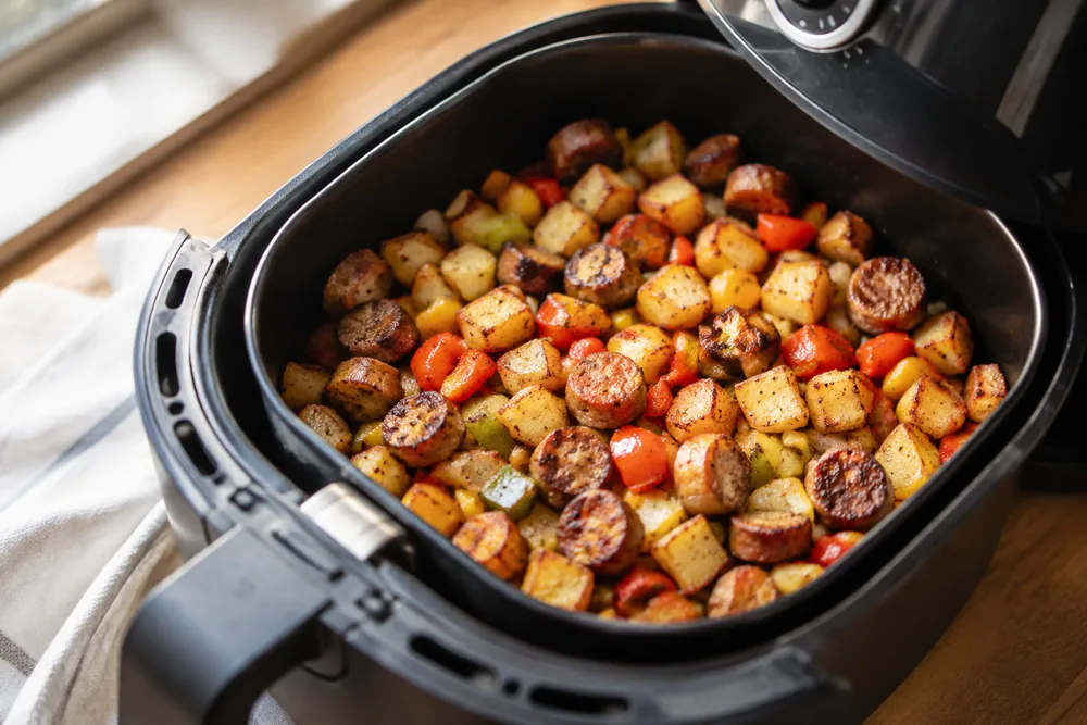 Breakfast hash with potatoes, peppers, and sausage in the basket.