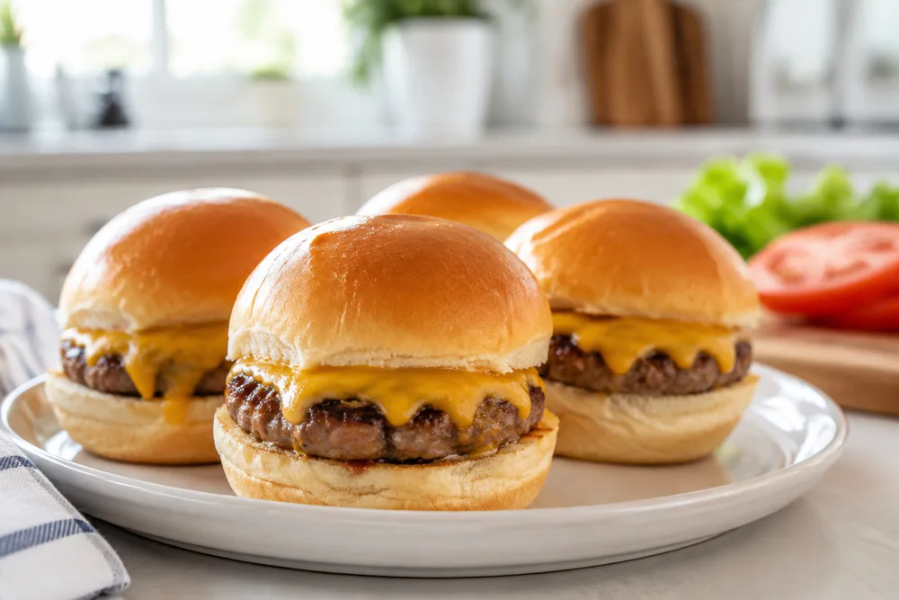 Mini cheeseburgers with melted cheddar on slider buns.