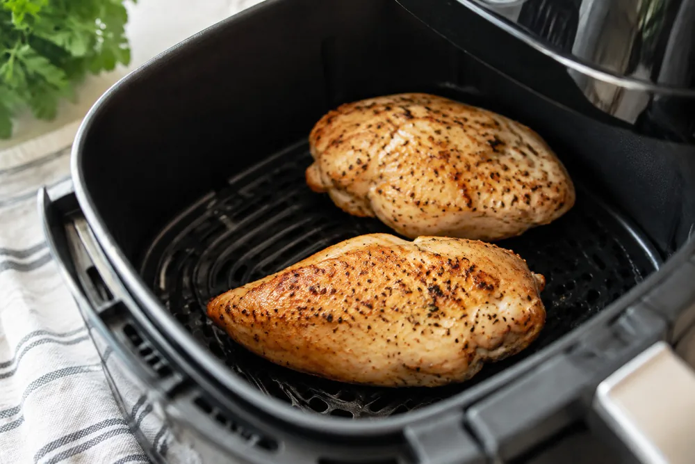 Two seasoned chicken breasts in an air fryer basket.