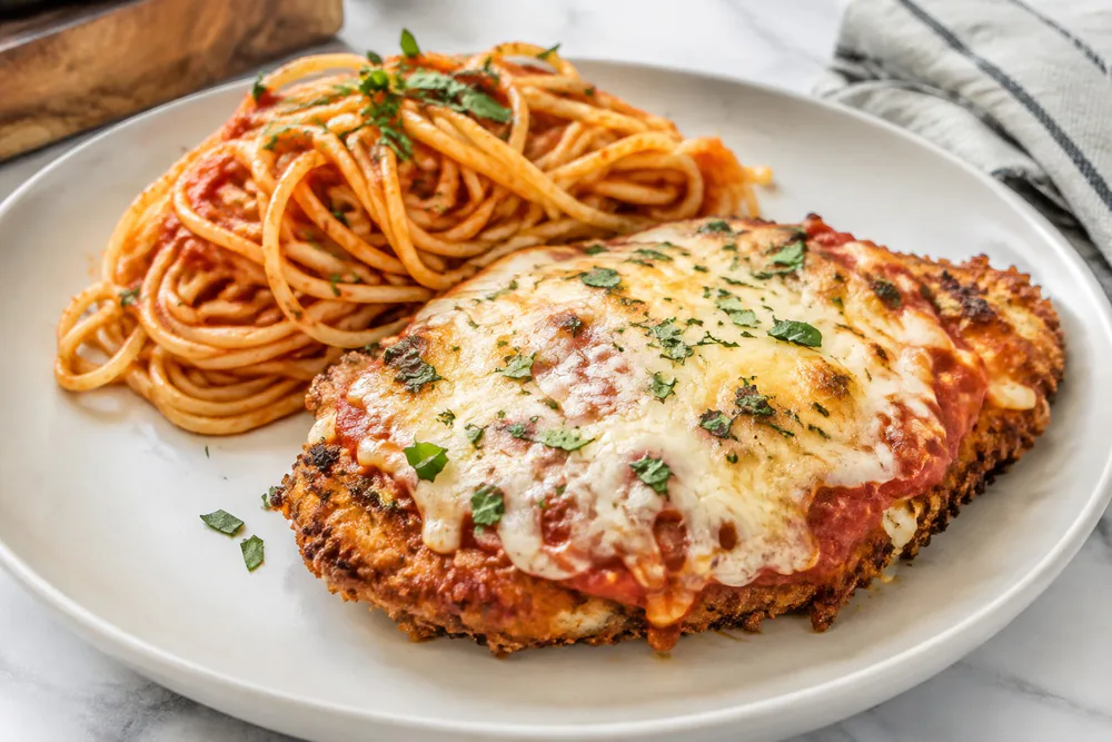 Chicken parmesan with melted mozzarella from the air fryer.