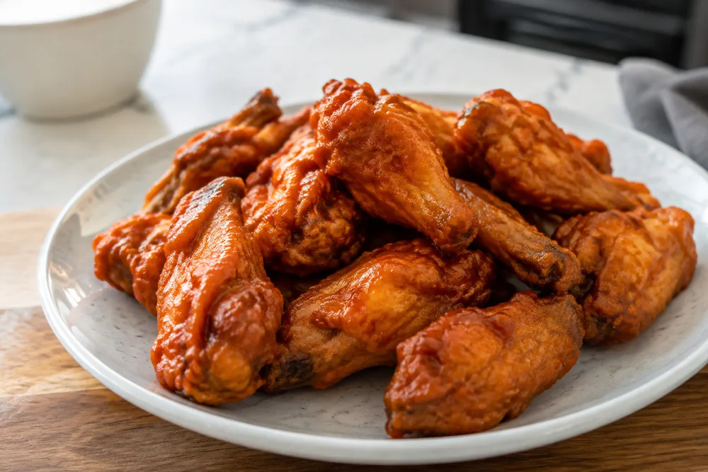 Crispy chicken wings tossed in sauce on a plate.