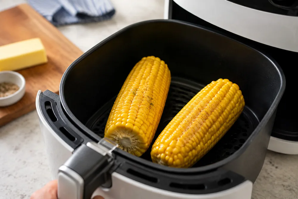 Buttered corn on the cob from an air fryer basket.