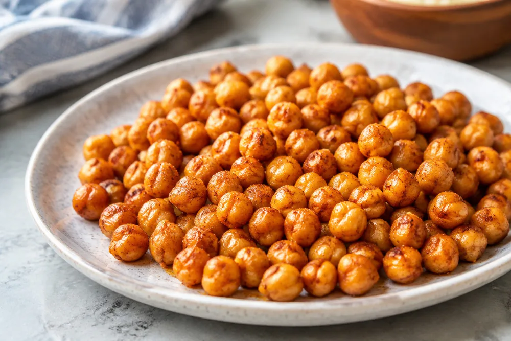 Crispy chickpeas dusted with paprika on a plate.