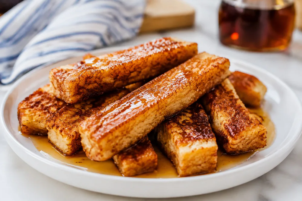 Cinnamon french toast sticks with syrup.