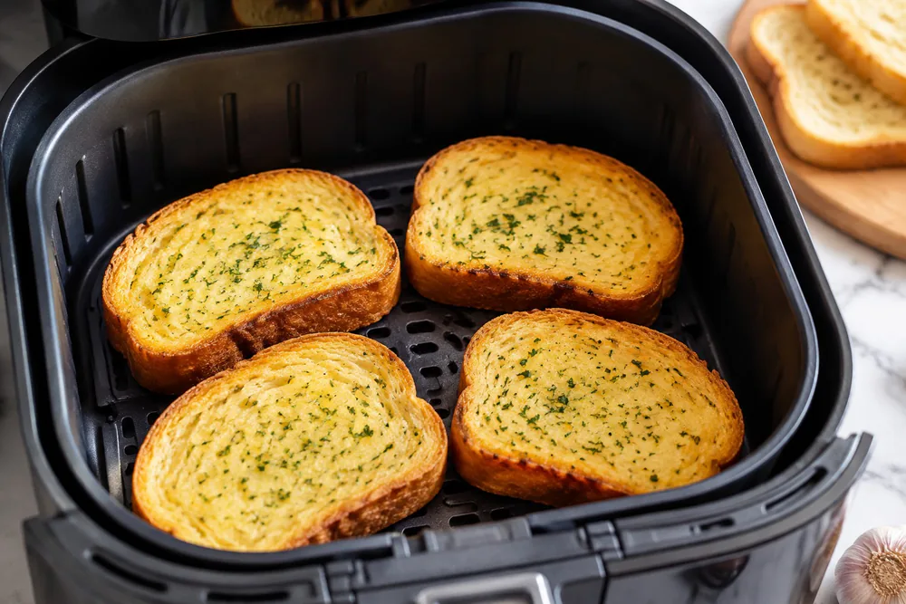 Slices of garlic bread crisping in an air fryer basket.