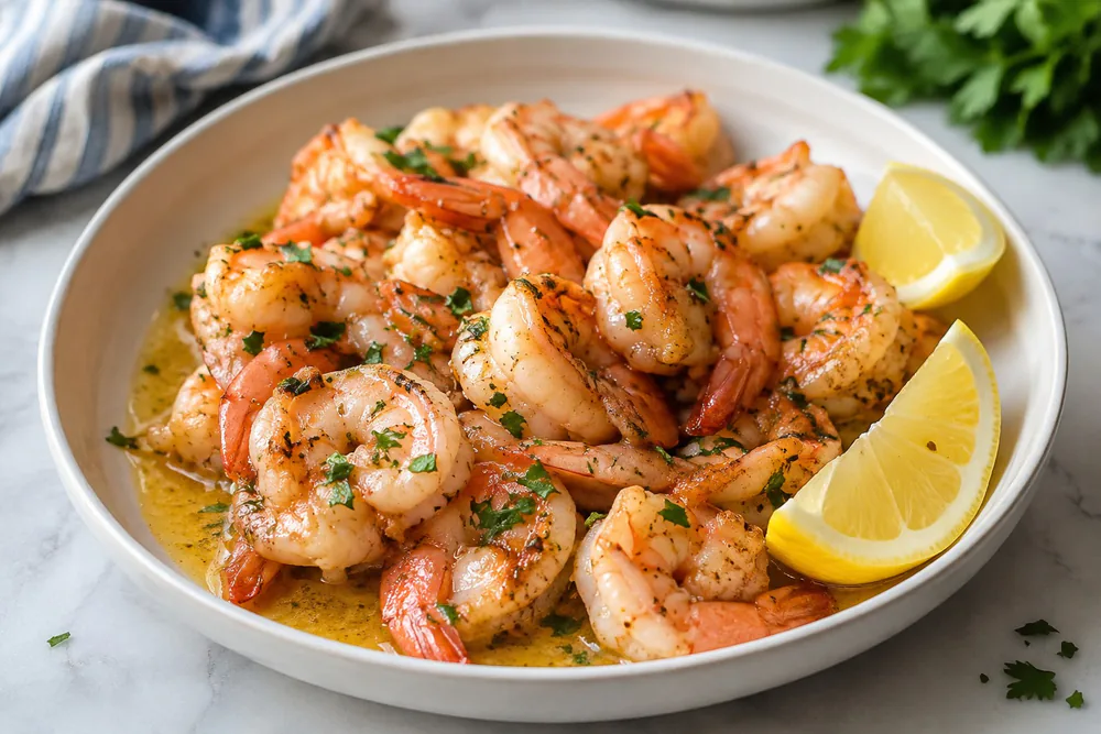 Pink garlic butter shrimp with lemon wedges.