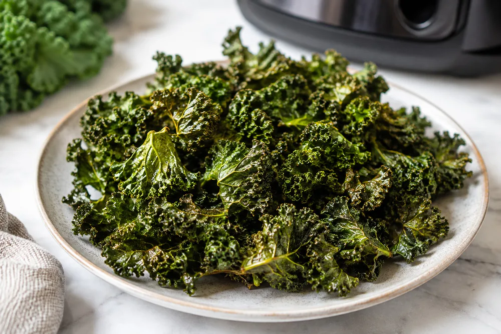 Green kale chips on a plate after air frying.