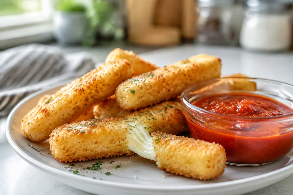 Golden mozzarella sticks with marinara for dipping.