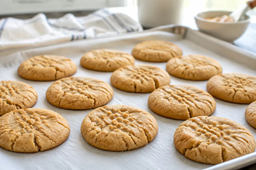 Peanut butter cookies with crinkled tops cooling on parchment.