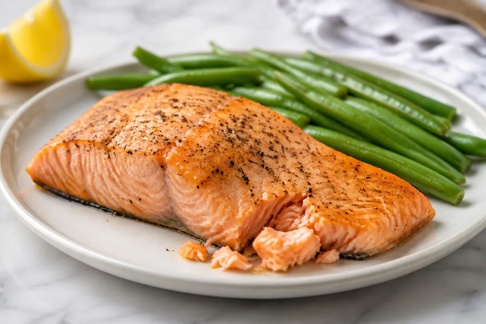 A salmon fillet with flaky edges, skin side down.