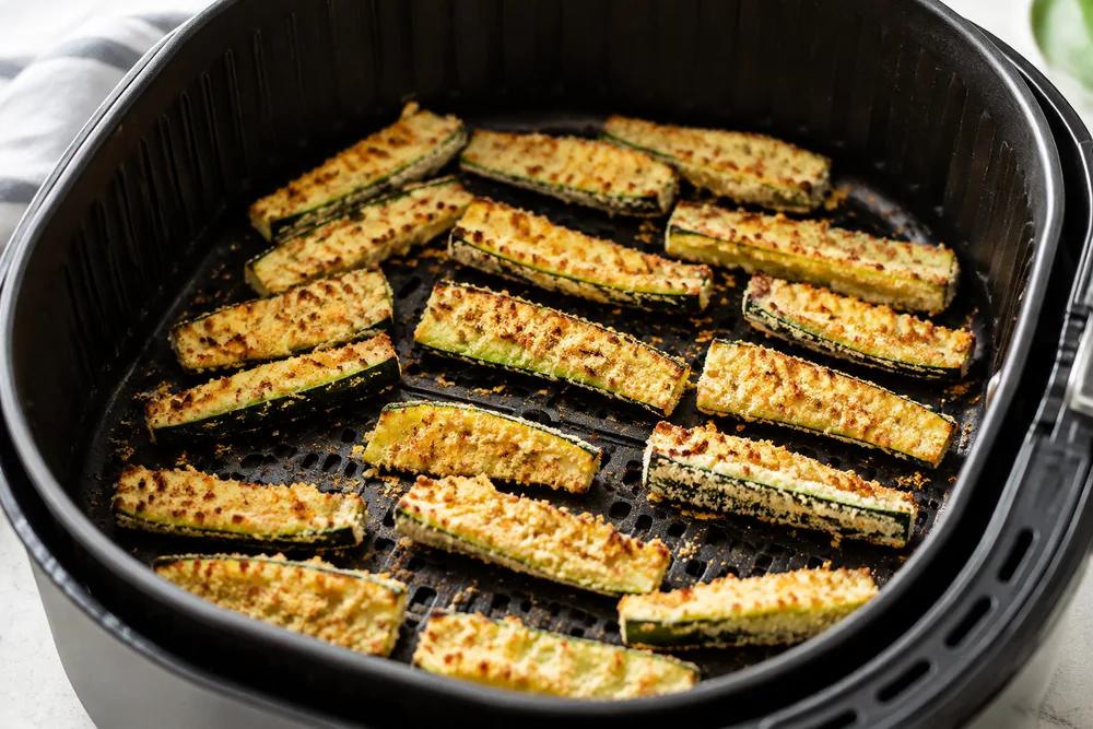Panko-coated zucchini fries in a single layer in an air fryer basket.
