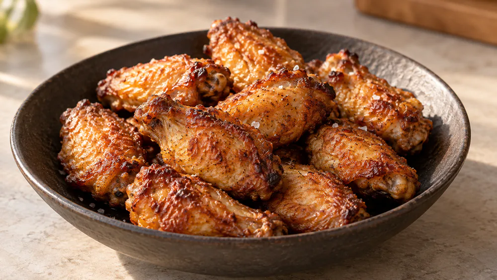 A close-up of air-fried chicken wings with a browned, crispy exterior.