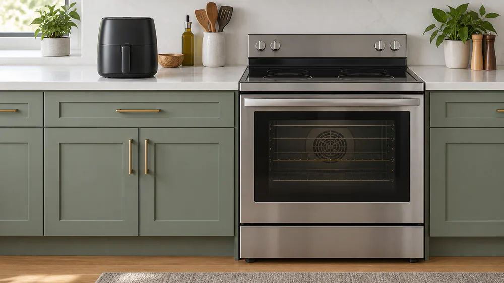 A basket-style air fryer next to a full-size convection range, showing the size gap.