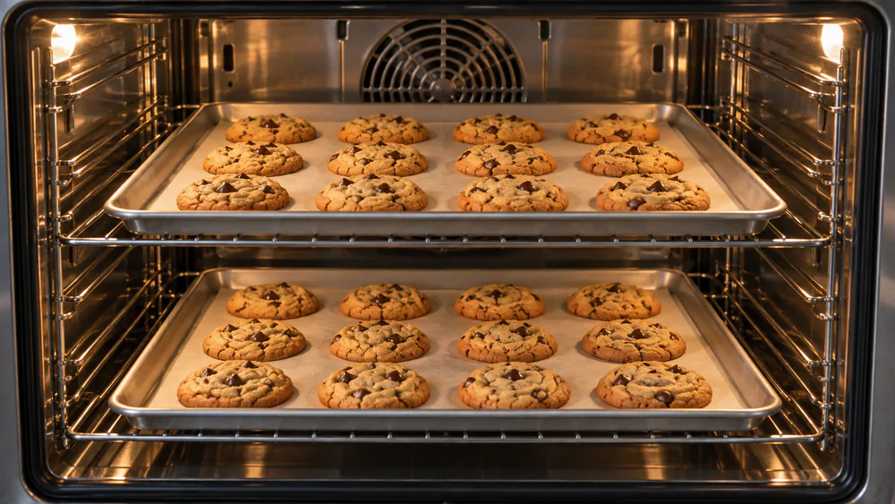 Two trays of cookies baking at once inside a convection oven, edges evenly browned.