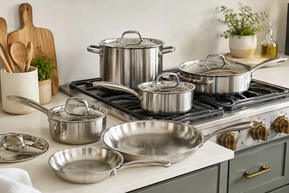 The All-Clad D3 10-piece set on a gas stove, fry pans, saucepans, saute pan, and stockpot with metal lids.