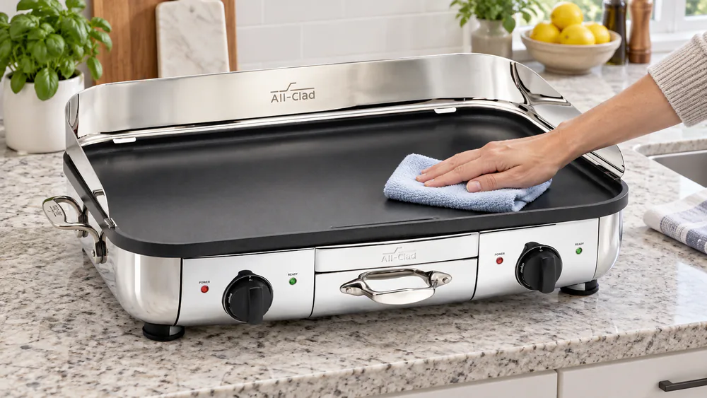 The cooled All-Clad 99014GT resting on a kitchen counter while its nonstick cooking plate is wiped with a soft damp cloth