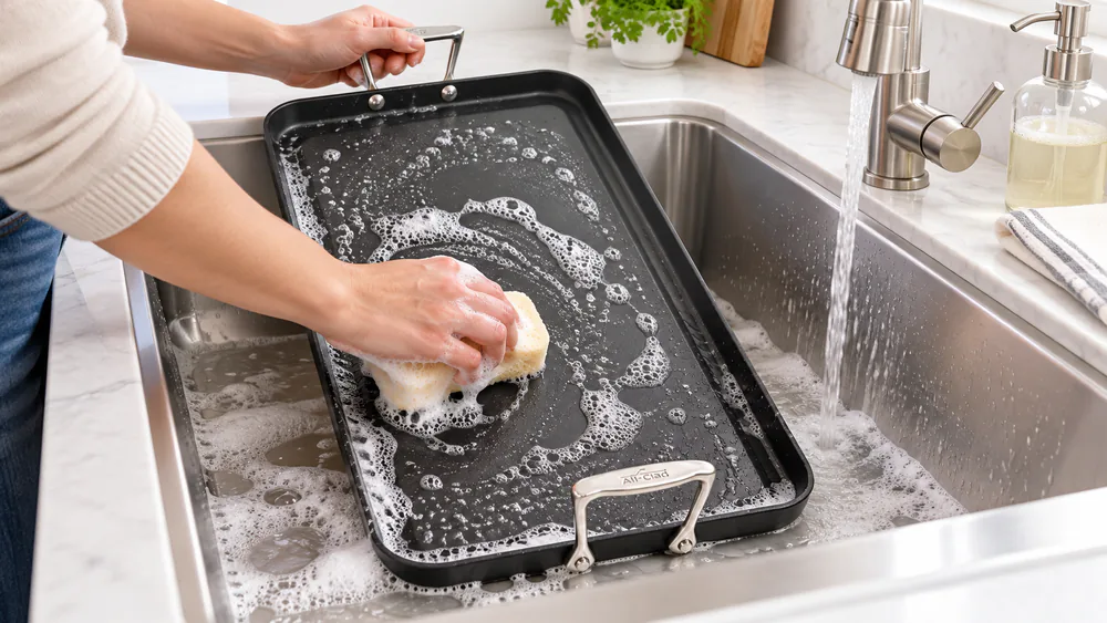 Hand washing an All-Clad double burner griddle in a deep kitchen sink with a soft sponge, nonstick surface clean and glossy