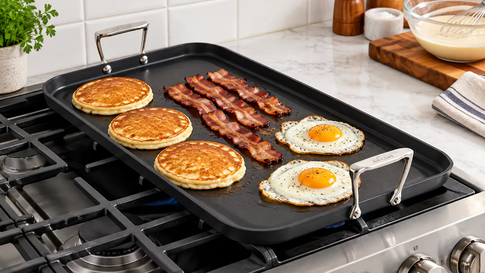 An All-Clad double burner griddle loaded with a row of pancakes, strips of thick-cut bacon, and fried eggs on a gas range