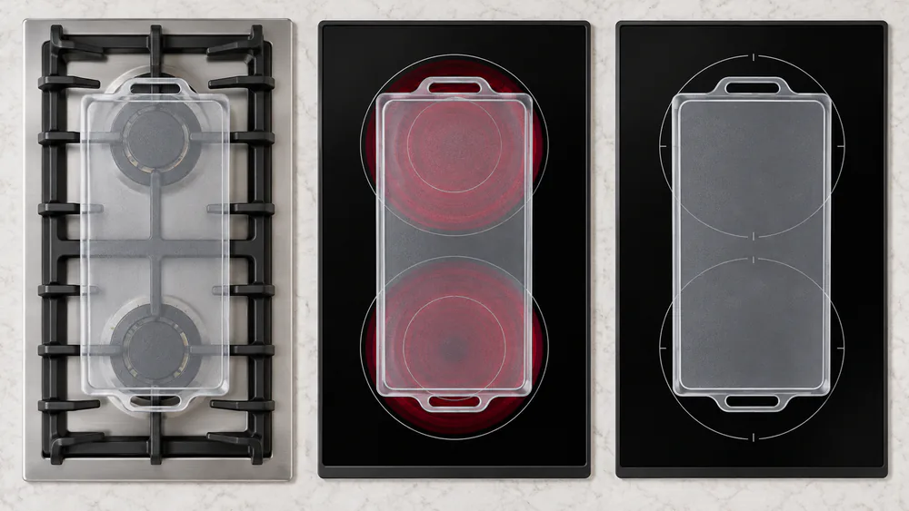 Simple diagram of a 13 x 20 inch griddle outline laid over gas, electric glass, and induction cooktop layouts to show cooktop fit