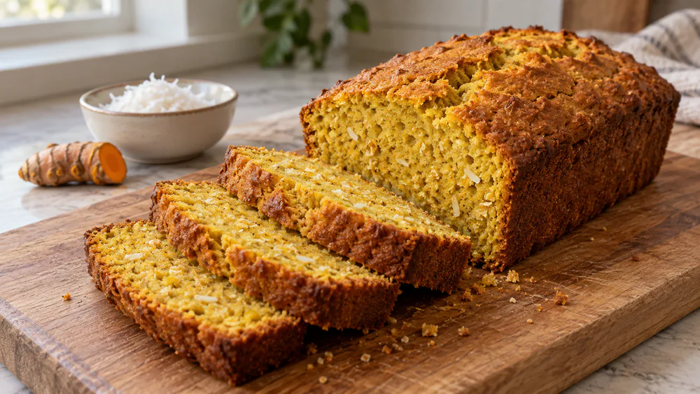 A golden coconut-turmeric loaf on a wooden board, one thick slice cut to show a dense, moist crumb flecked with coconut and warm yellow from turmeric.