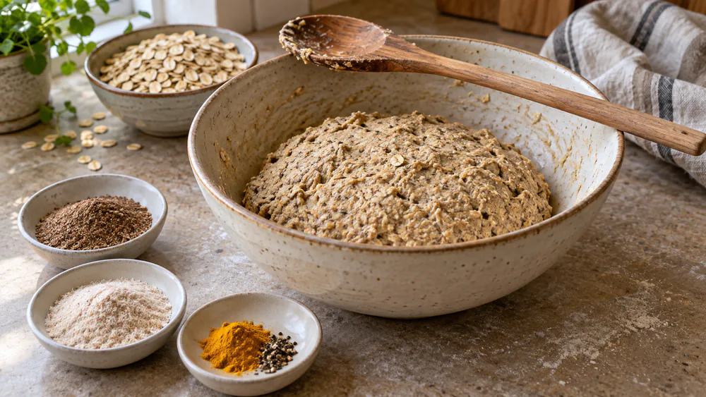 A mixing bowl of oat-flour and flax dough with ground flax, psyllium husk, and a small dish of turmeric and black pepper set beside it on a floured counter.