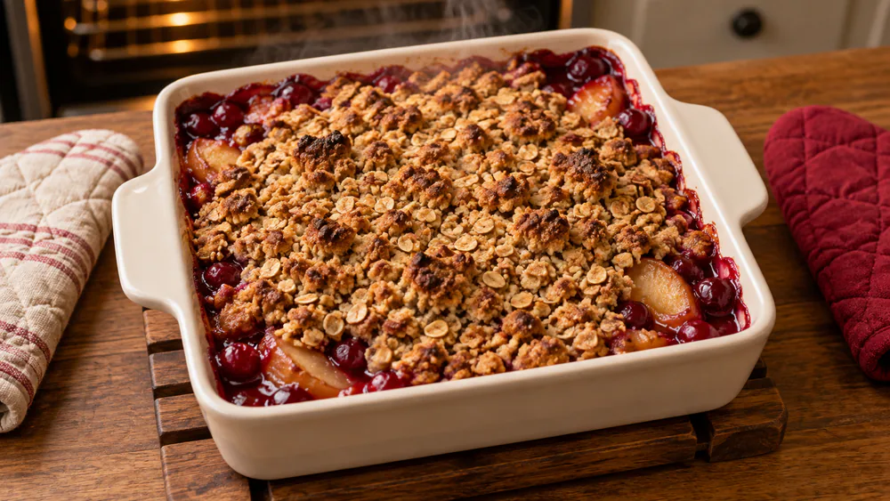 A finished apple cranberry crisp fresh from the oven in a square baking dish, golden oat topping with juices bubbling up red around the edges.