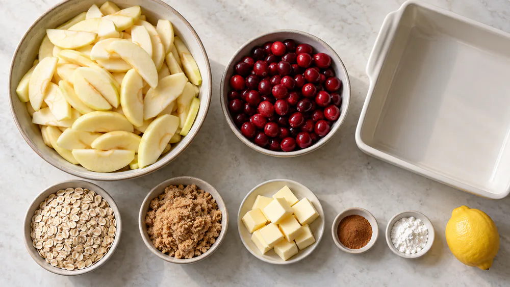 Overhead view of apple crisp ingredients on a counter: sliced apples, a bowl of fresh cranberries, rolled oats, brown sugar, cubed cold butter, and cinnamon.