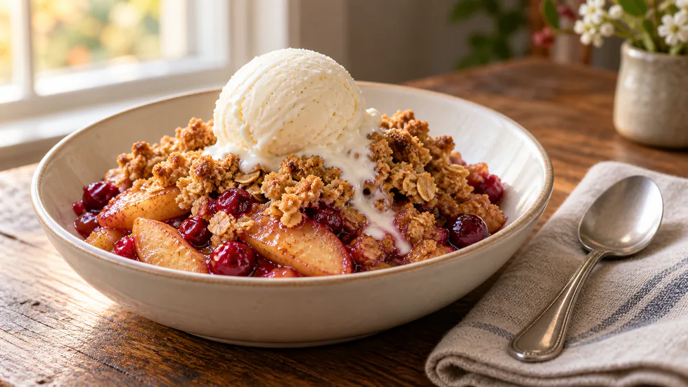 A warm serving of apple cranberry crisp in a bowl with a red cranberry swirl through the apples and a melting scoop of vanilla ice cream on top.