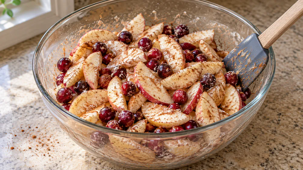 Sliced apples and whole cranberries tossed together in a glass bowl, coated in cinnamon and cornstarch before baking.