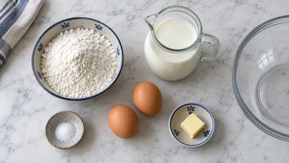 Flour, milk, two eggs, salt, and a knob of butter arranged on a marble counter for a Dutch pannenkoeken batter.