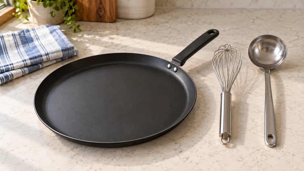 A wide nonstick crepe pan, a balloon whisk, and a ladle laid out on a kitchen counter ready to make pannenkoeken.