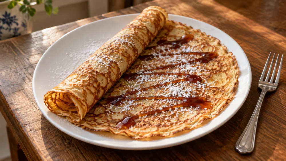 A finished Dutch pancake drizzled with dark stroop syrup and dusted with powdered sugar, partly rolled on a plate.