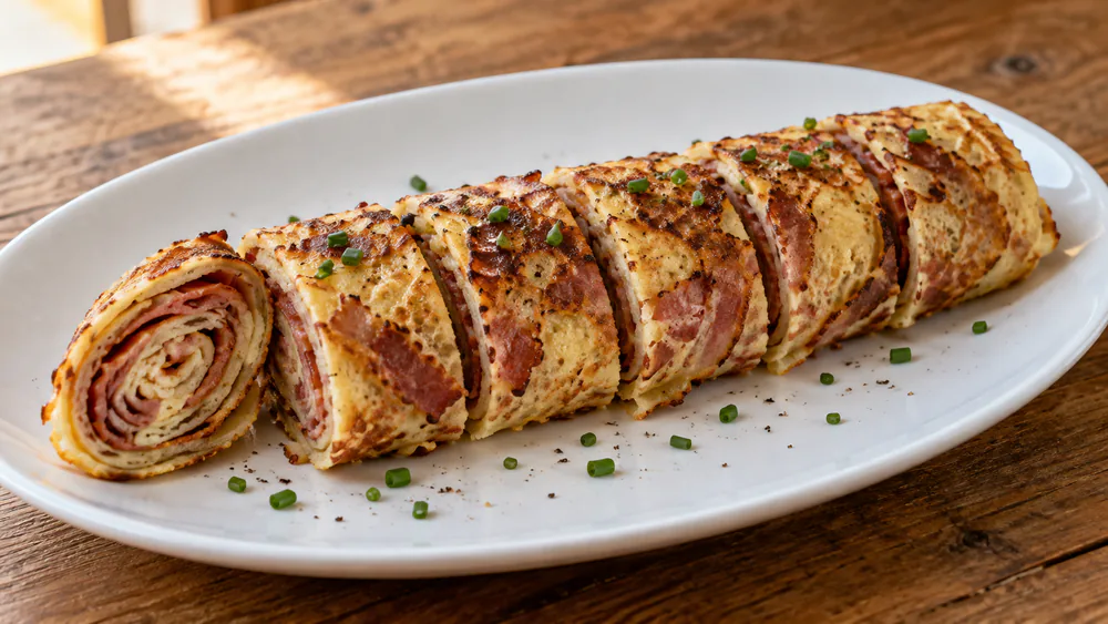 A savory spekpannenkoek with bacon cooked into the batter, rolled up and sliced on a white plate.