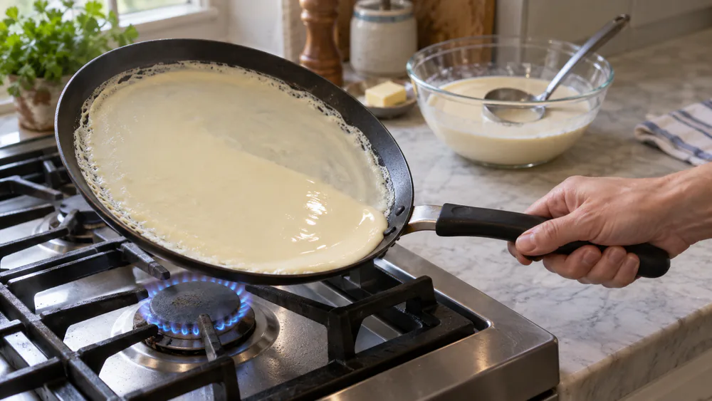Batter being swirled across a hot buttered skillet to coat the base in a thin even layer for a Dutch pancake.