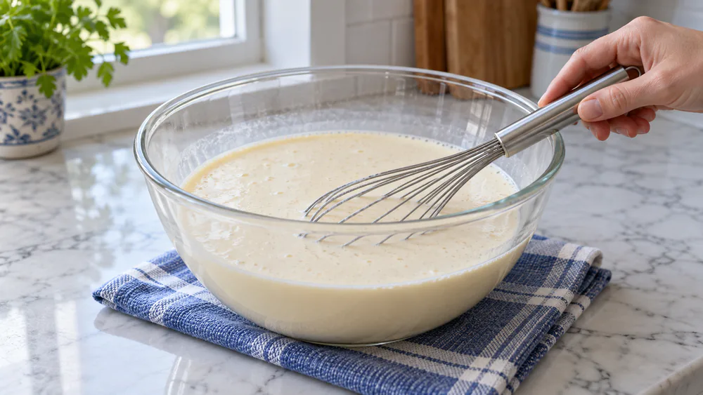 A hand whisking a smooth, thin pannenkoek batter in a glass bowl until it pours like light cream.