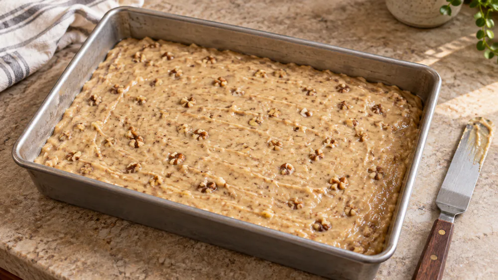 Thick banana nut cake batter studded with crushed walnuts spread level in a greased 9x13 baking pan, ready for the oven.