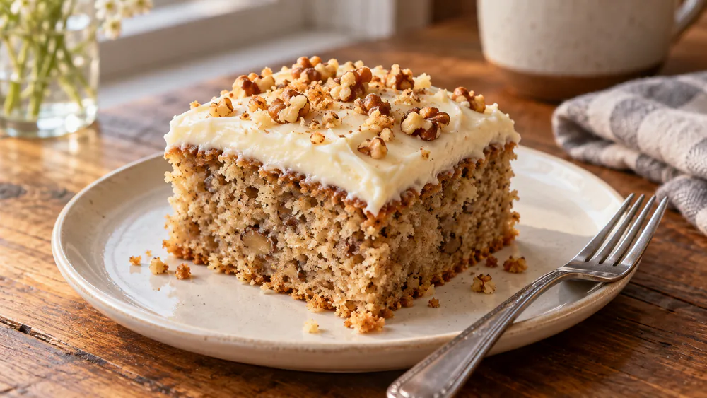 A slice of frosted banana nut cake on a plate showing a moist crumb flecked with walnuts, a fork resting alongside.