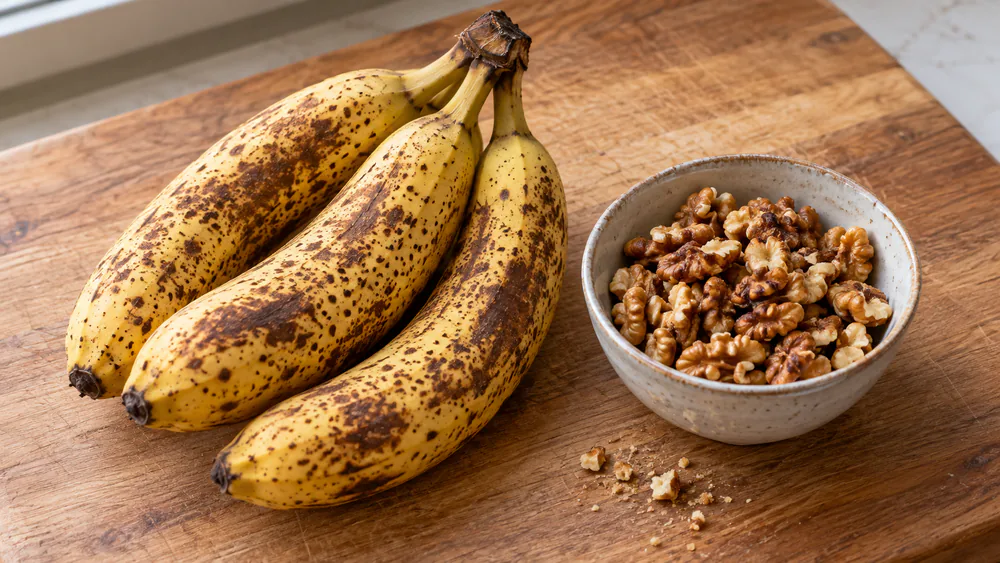 A cutting board with heavily brown-speckled ripe bananas beside a bowl of freshly toasted, roughly crushed walnuts.