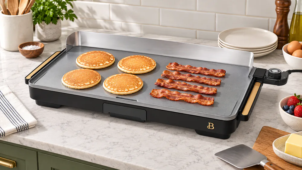 Beautiful XL griddle in Black Sesame with a row of bacon strips and a batch of pancakes cooking side by side on the 12x22 ceramic surface