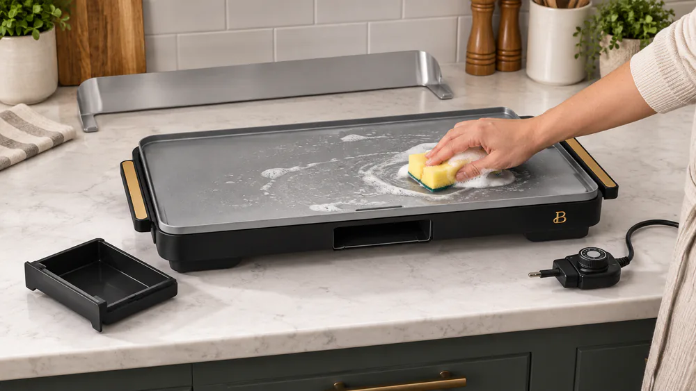 A cooled Beautiful XL griddle surface being wiped with a damp soapy sponge, the removable drip tray and backsplash set aside on the counter