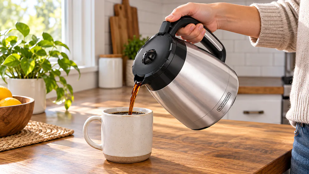 A stainless steel thermal carafe from a BLACK+DECKER CM2035B pouring coffee into a mug without drips