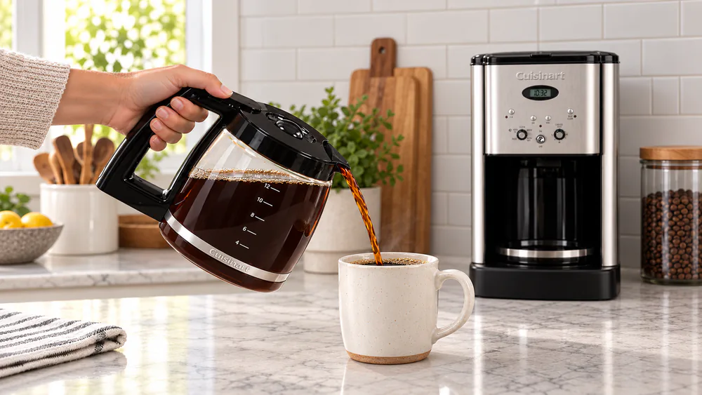 A Cuisinart DCC-1200 glass carafe pouring a fresh cup of coffee into a mug on a kitchen counter