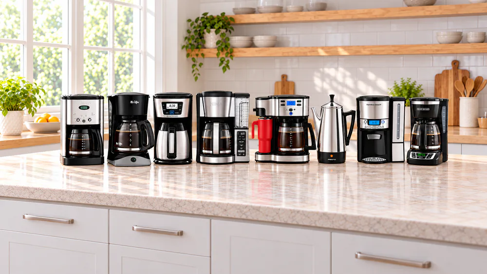 Eight 12-cup coffee makers arranged on a kitchen counter