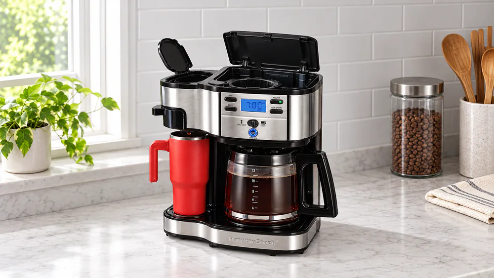 A Hamilton Beach 2-Way coffee maker showing its two separate water reservoirs, carafe side and single-serve side