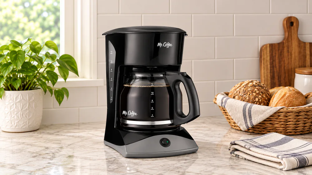 A black Mr. Coffee 12-cup switch coffee maker on a kitchen counter with a full glass carafe