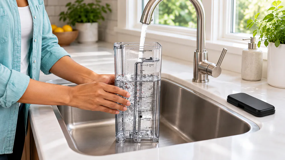 The removable 60-oz water tank of a Ninja CE251 coffee maker being filled at a kitchen sink