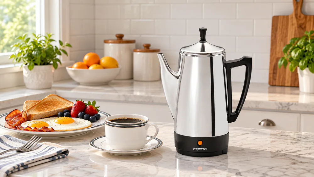 A stainless steel Presto 12-cup percolator on a kitchen counter with the black cover knob visible