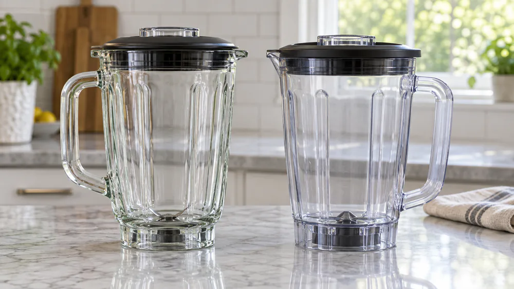 A glass blender jar and a BPA-free plastic blender jar side by side on a kitchen counter, both empty and clean.